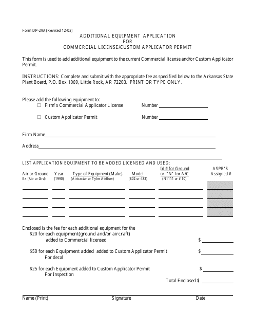 Form DP-29A Additional Equipment Application for Commercial License/Custom Applicator Permit - Arkansas