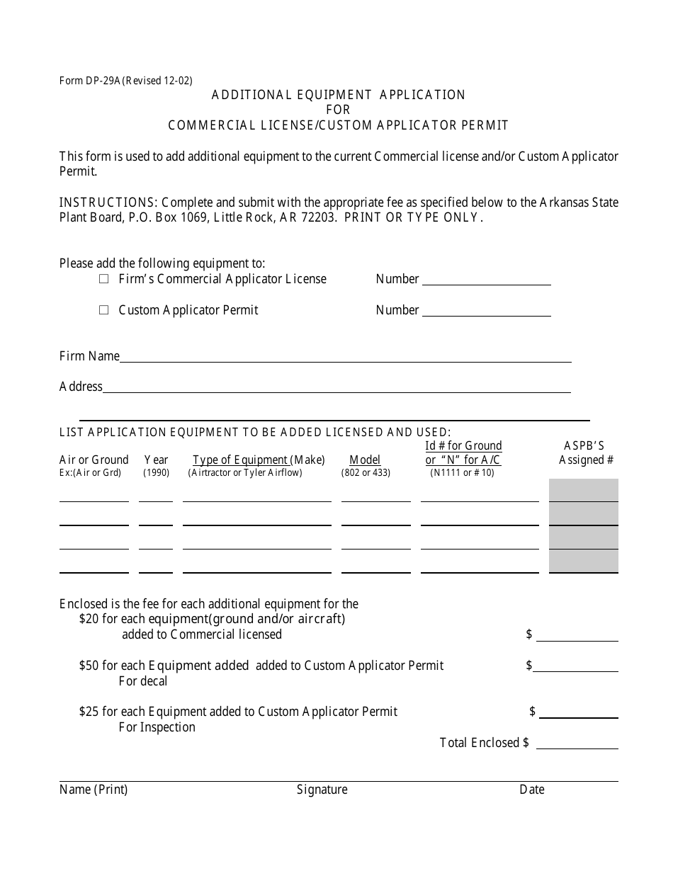 Form DP-29A Additional Equipment Application for Commercial License / Custom Applicator Permit - Arkansas, Page 1