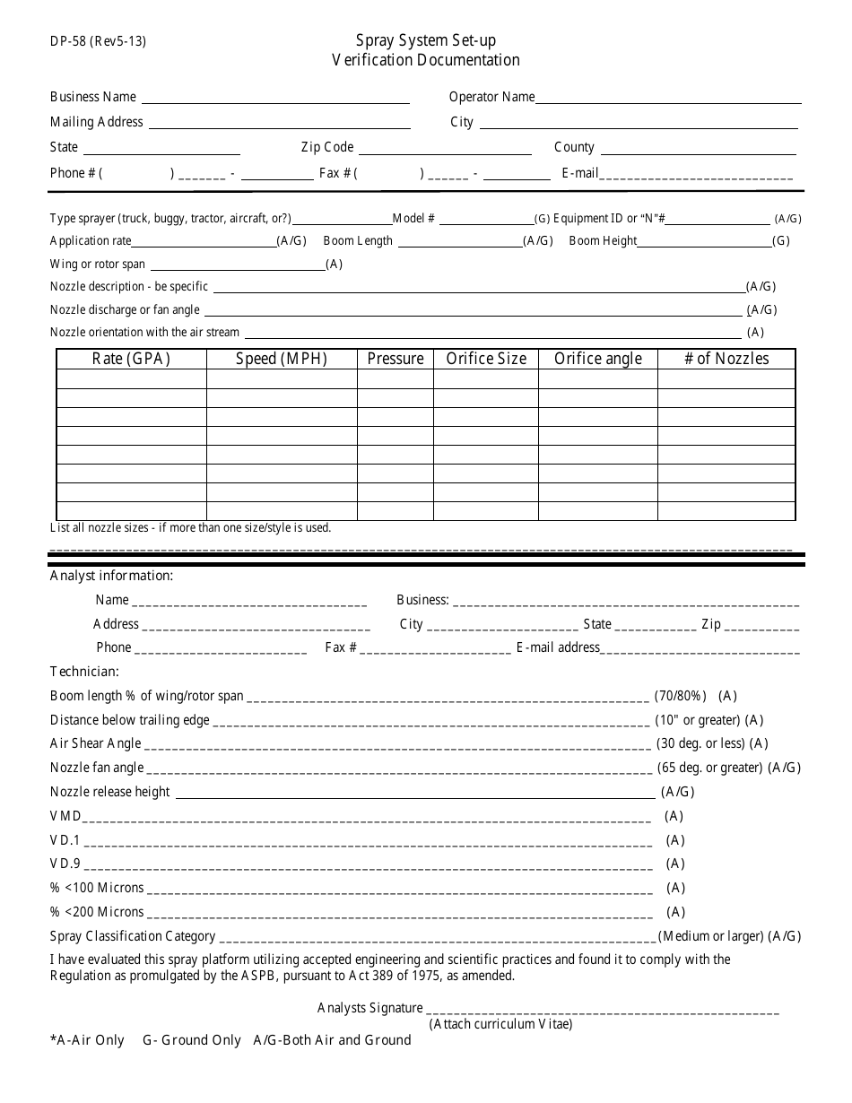 Form DP-58 Spray System Set-Up Verification Documentation - Arkansas, Page 1