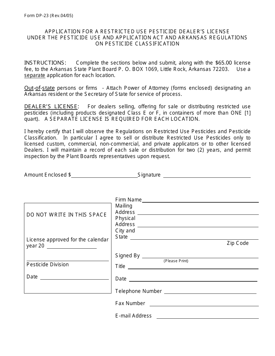 Form DP-23 Application for a Restricted Use Pesticide Dealers License Under the Pesticide Use and Application Act and Arkansas Regulations on Pesticide Classification - Arkansas, Page 1