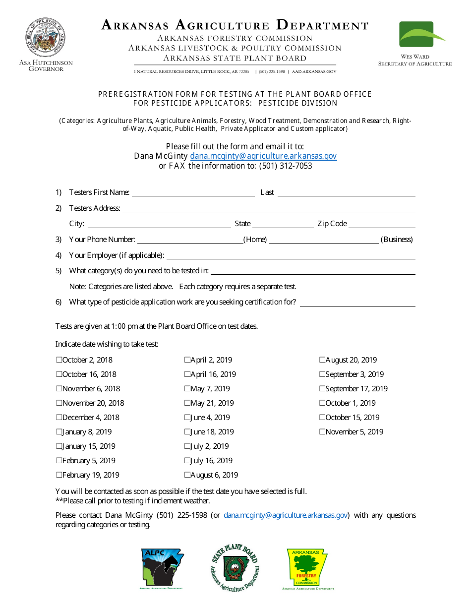 Preregistration Form for Testing at the Plant Board Office for Pesticide Applicators: Pesticide Division - Arkansas, Page 1