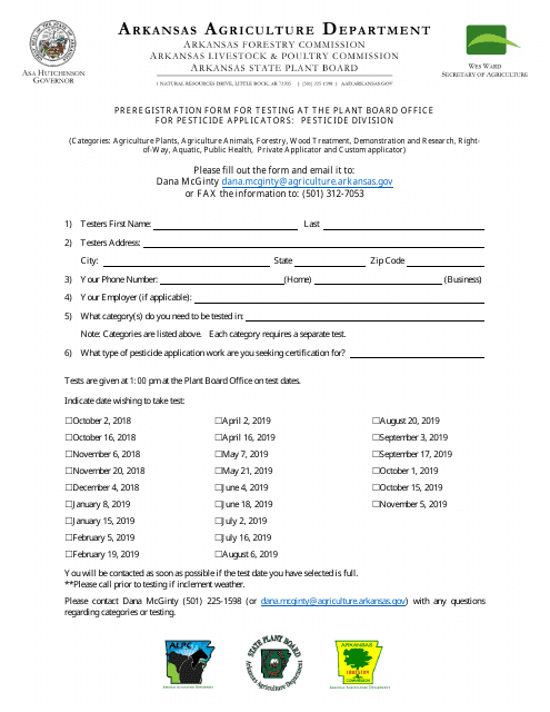 Preregistration Form for Testing at the Plant Board Office for Pesticide Applicators: Pesticide Division - Arkansas Download Pdf