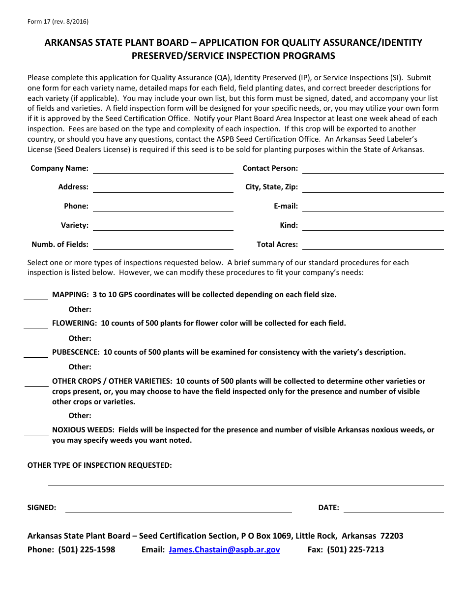 Form 17 Application for Quality Assurance / Identity Preserved / Service Inspection Programs - Arkansas, Page 1