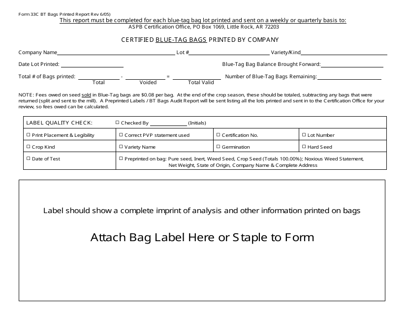Form 33C BT Blue Tag Bag Form - Arkansas
