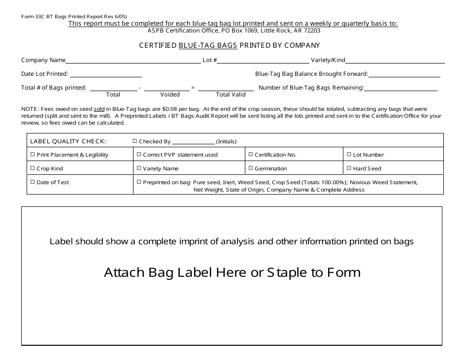 Form 33C BT Blue Tag Bag Form - Arkansas, Page 1