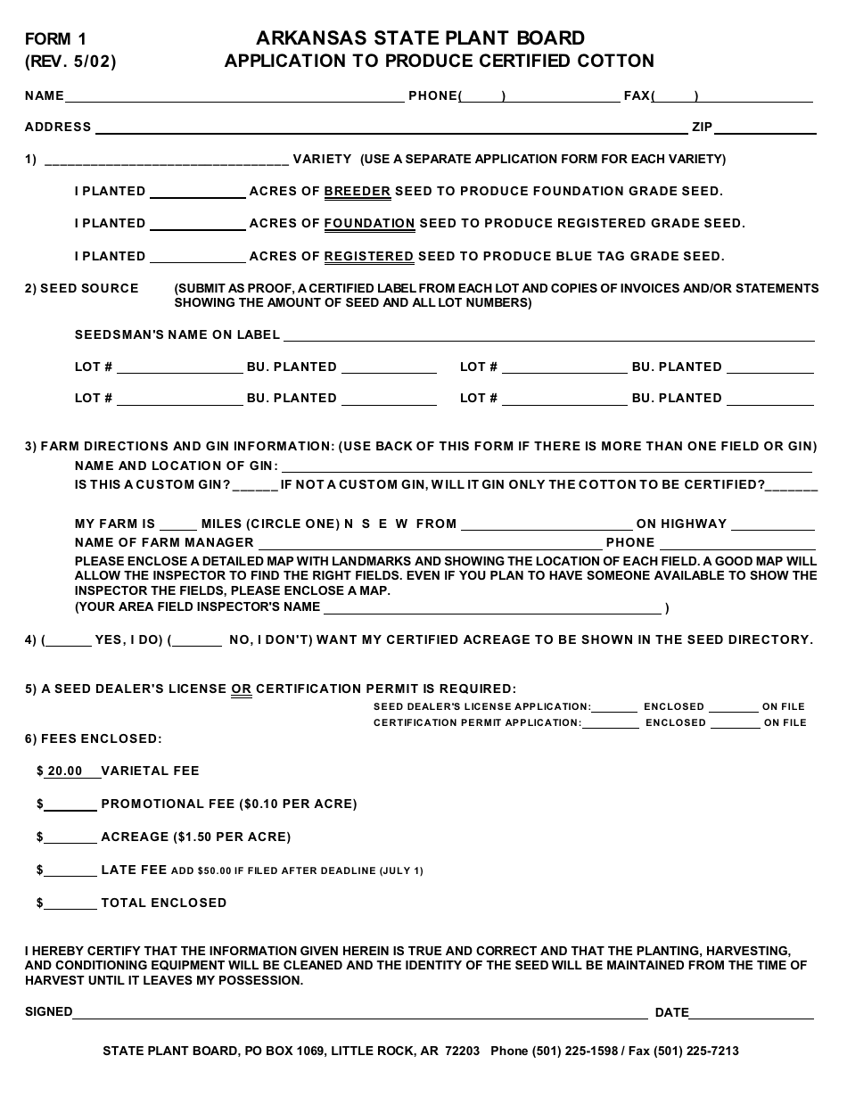 Form 1 Application to Produce Certified Cotton - Arkansas, Page 1