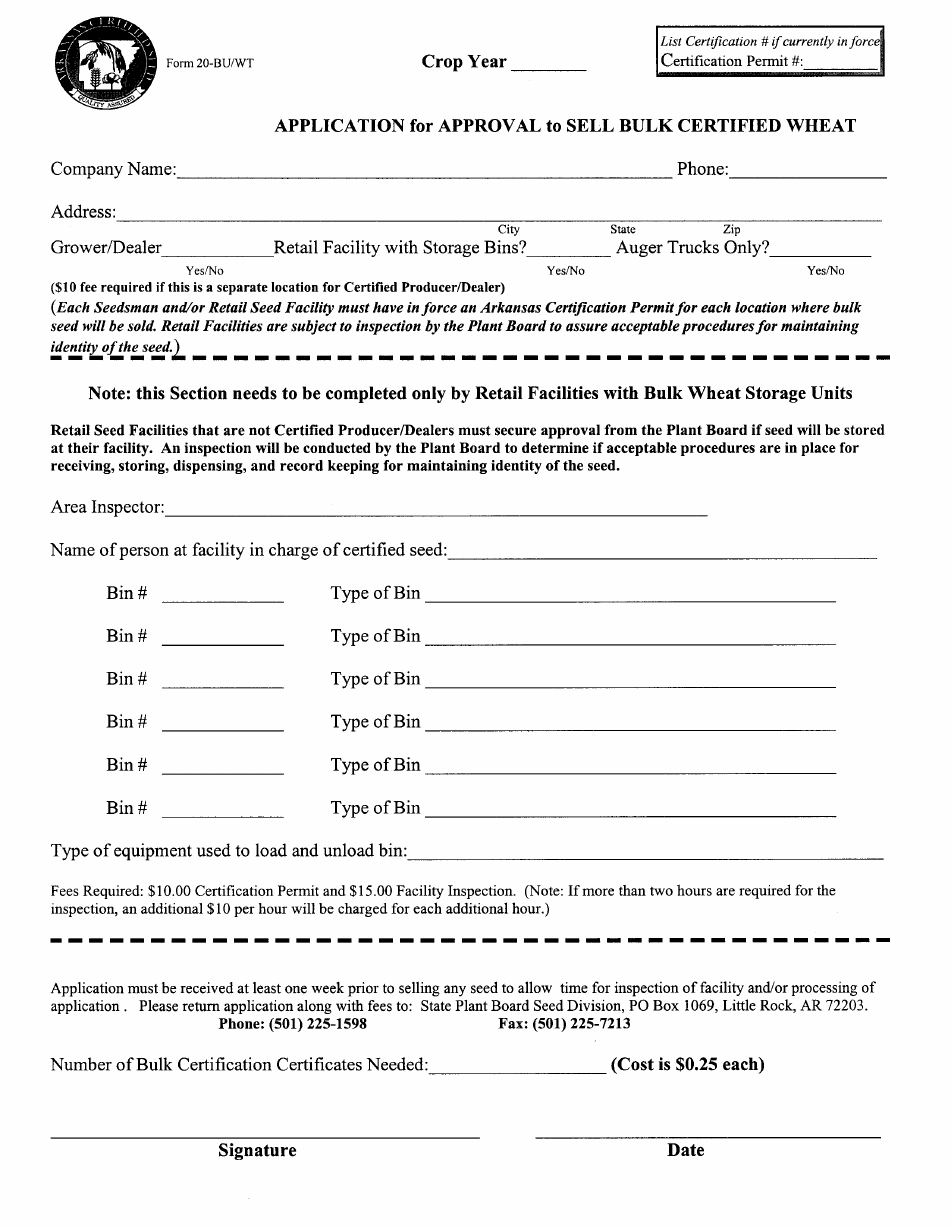 Form 20-BU / WT Application for Approval to Sell Bulk Certified Wheat - Arkansas, Page 1