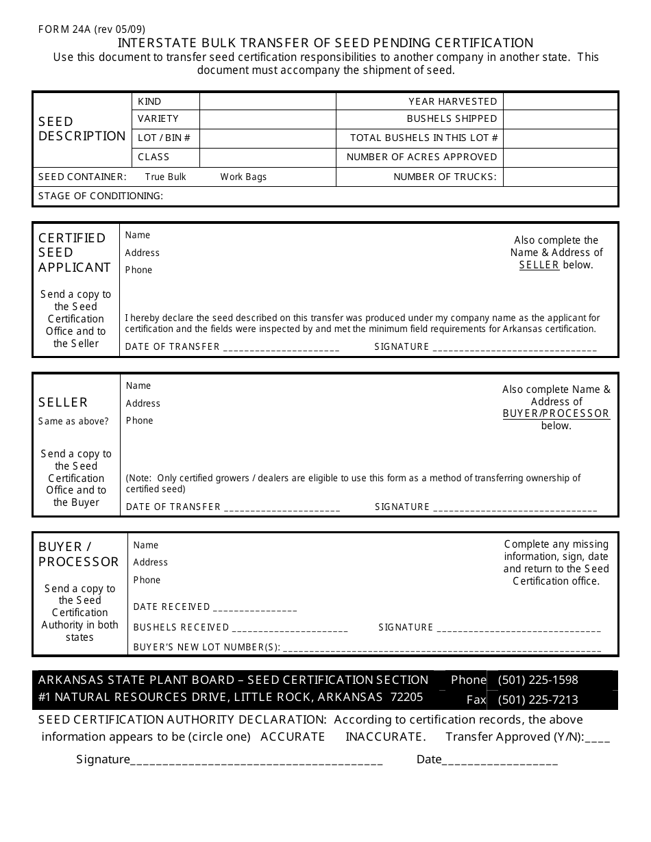Form 24A Interstate Bulk Transfer of Seed Pending Certification - Arkansas, Page 1