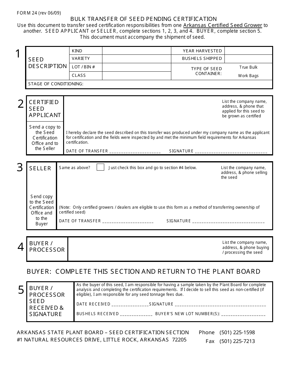 Form 24 Bulk Transfer of Seed Pending Certification - Arkansas, Page 1
