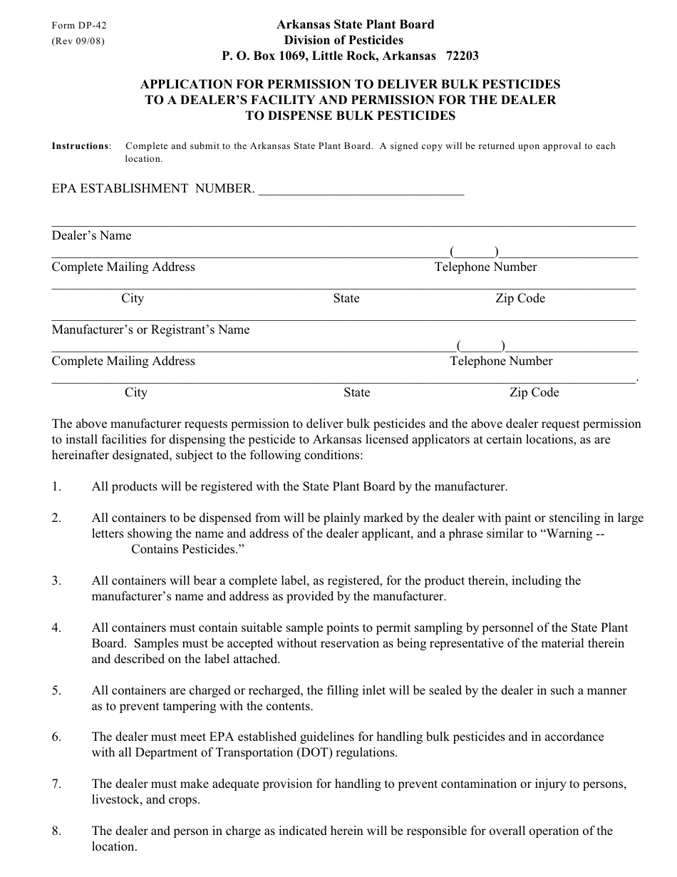 Form DP-42 Application for Permission to Deliver Bulk Pesticides to a Dealers Facility and Permission for the Dealer to Dispense Bulk Pesticides - Arkansas, Page 1
