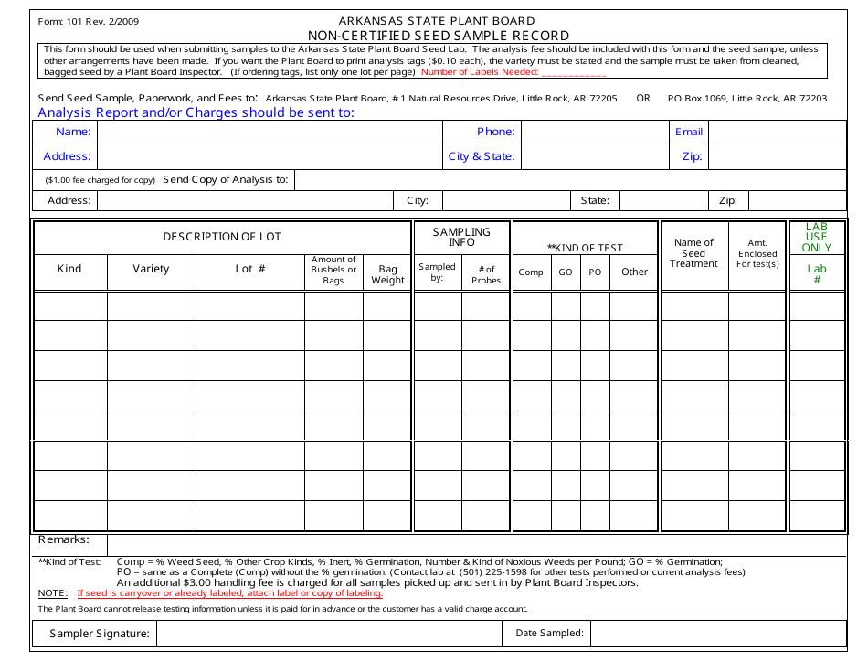Form 101 Non-certified Seed Sample Record - Arkansas, Page 1