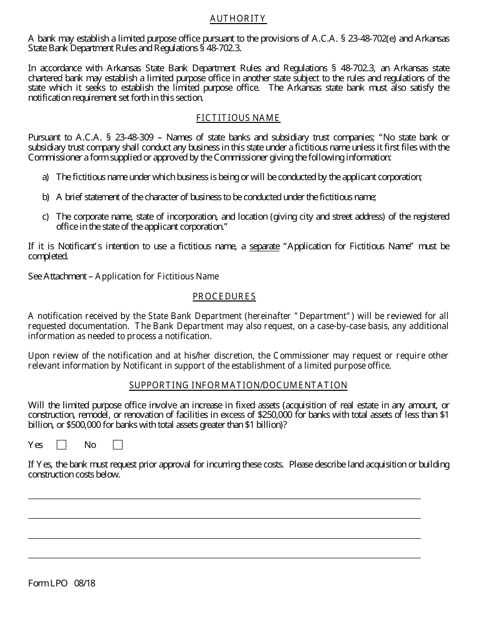 Form LPO Notification for the Establishment of a Limited Purpose Office - Arkansas, Page 2