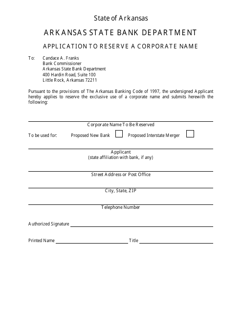 Application to Reserve a Corporate Name - Arkansas Download Pdf