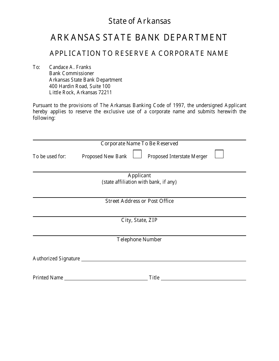 Application to Reserve a Corporate Name - Arkansas, Page 1