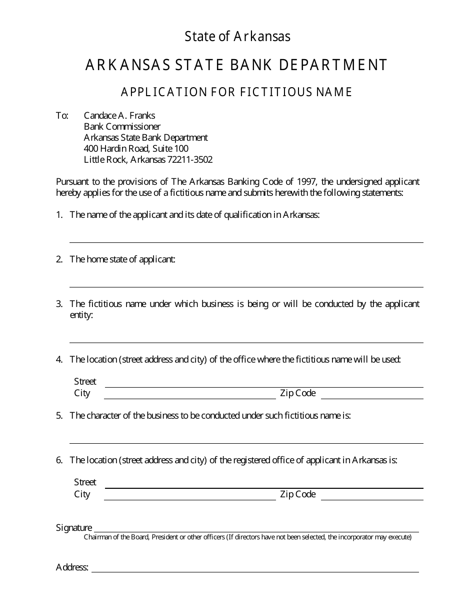 Application for Fictitious Name - Arkansas, Page 1
