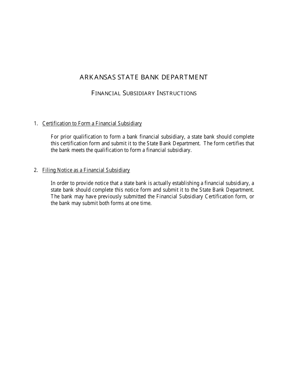 Financial Subsidiary Certification Form - Arkansas, Page 1