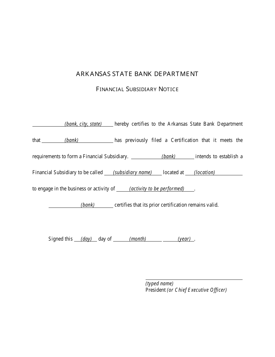 Financial Subsidiary Certification Form - Arkansas, Page 3