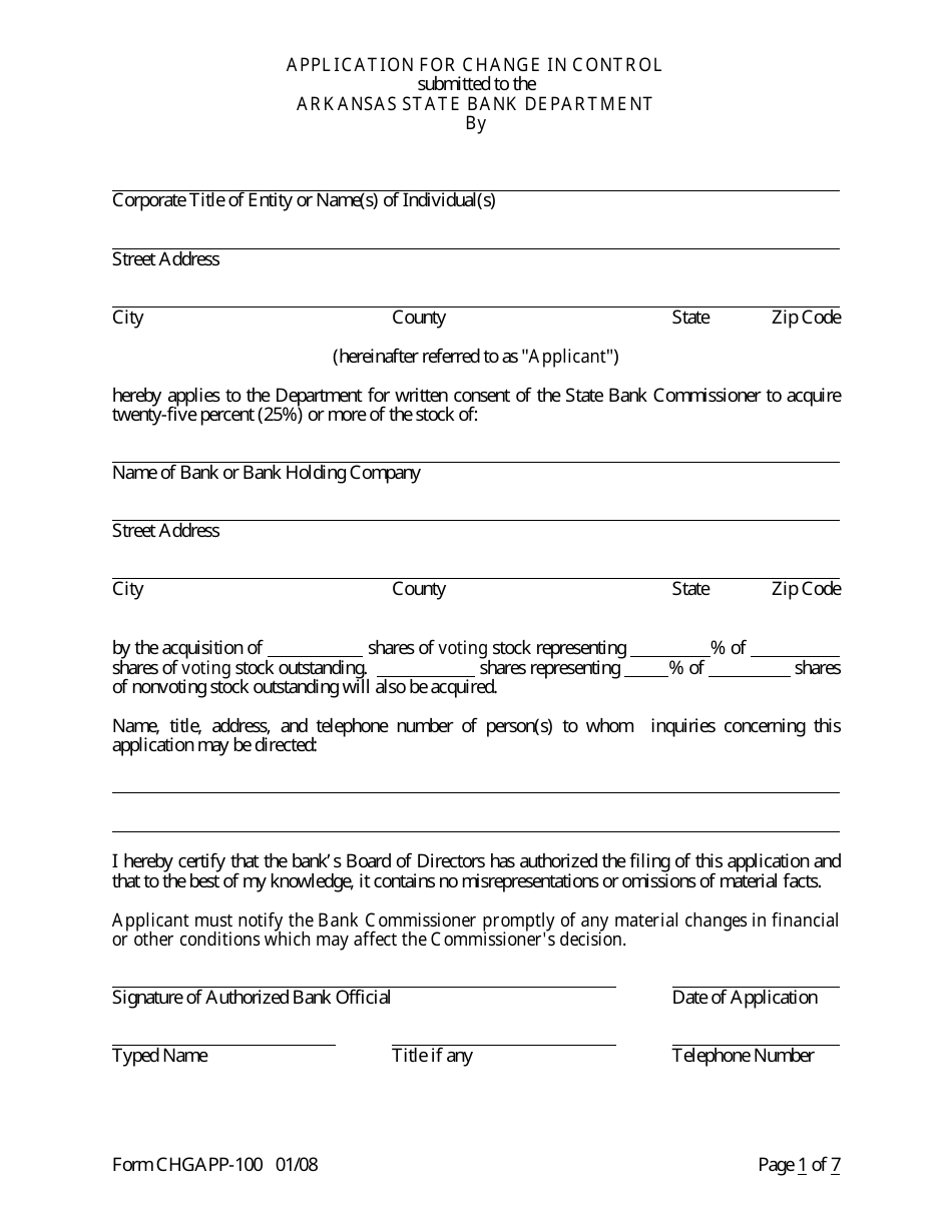 Form CHGAPP-100 Application for Change in Control - Arkansas, Page 1