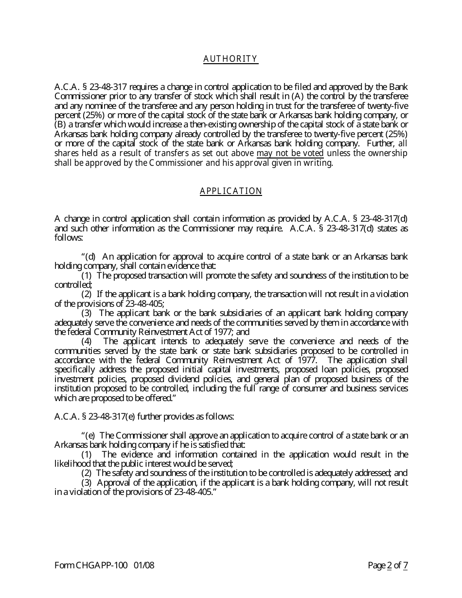 Form CHGAPP-100 Application for Change in Control - Arkansas, Page 2