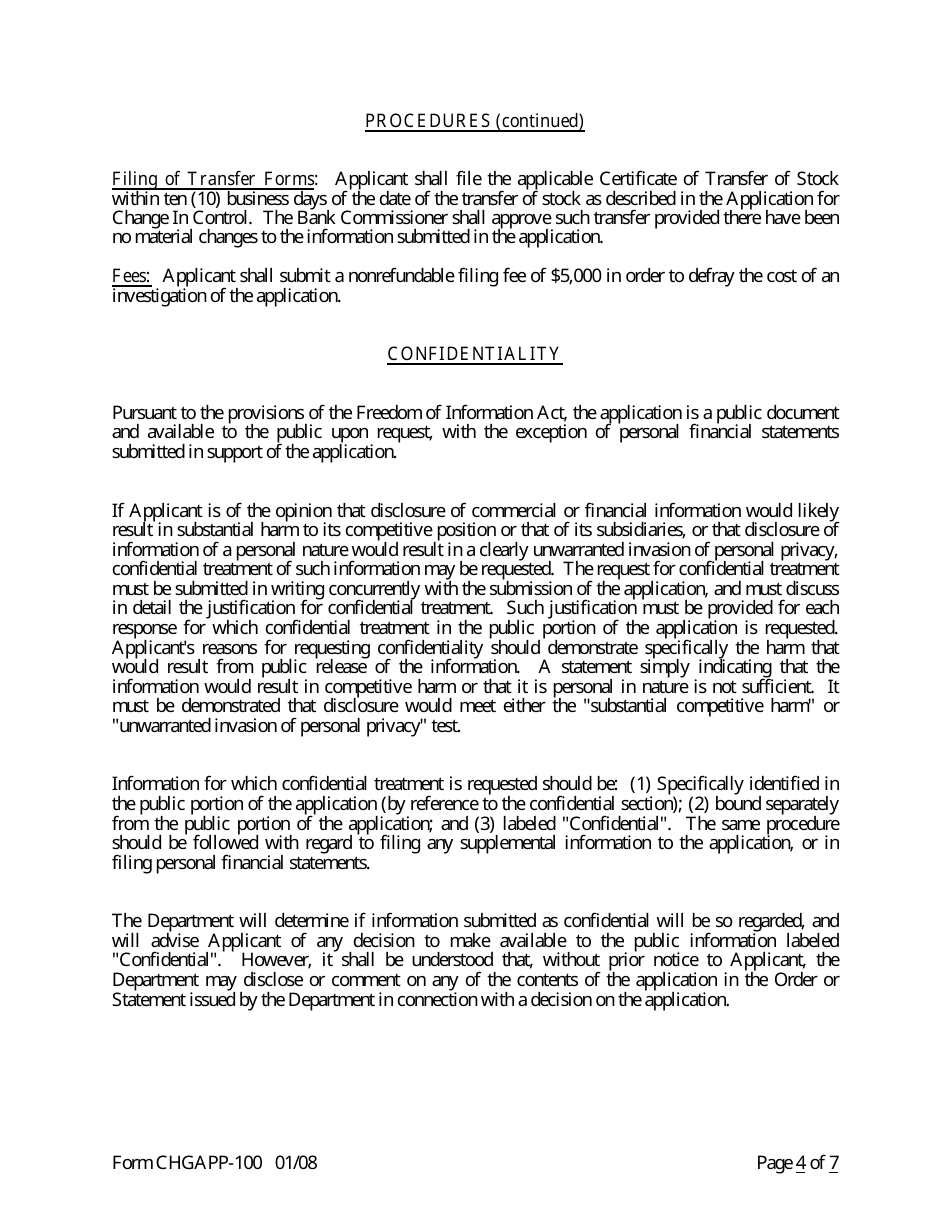 Form CHGAPP-100 Application for Change in Control - Arkansas, Page 4