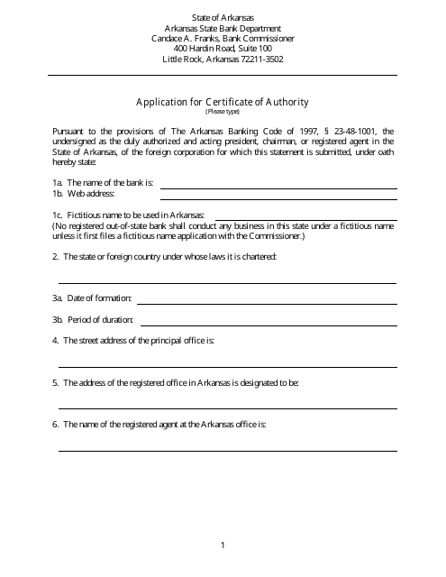 Application for Certificate of Authority - Arkansas Download Pdf