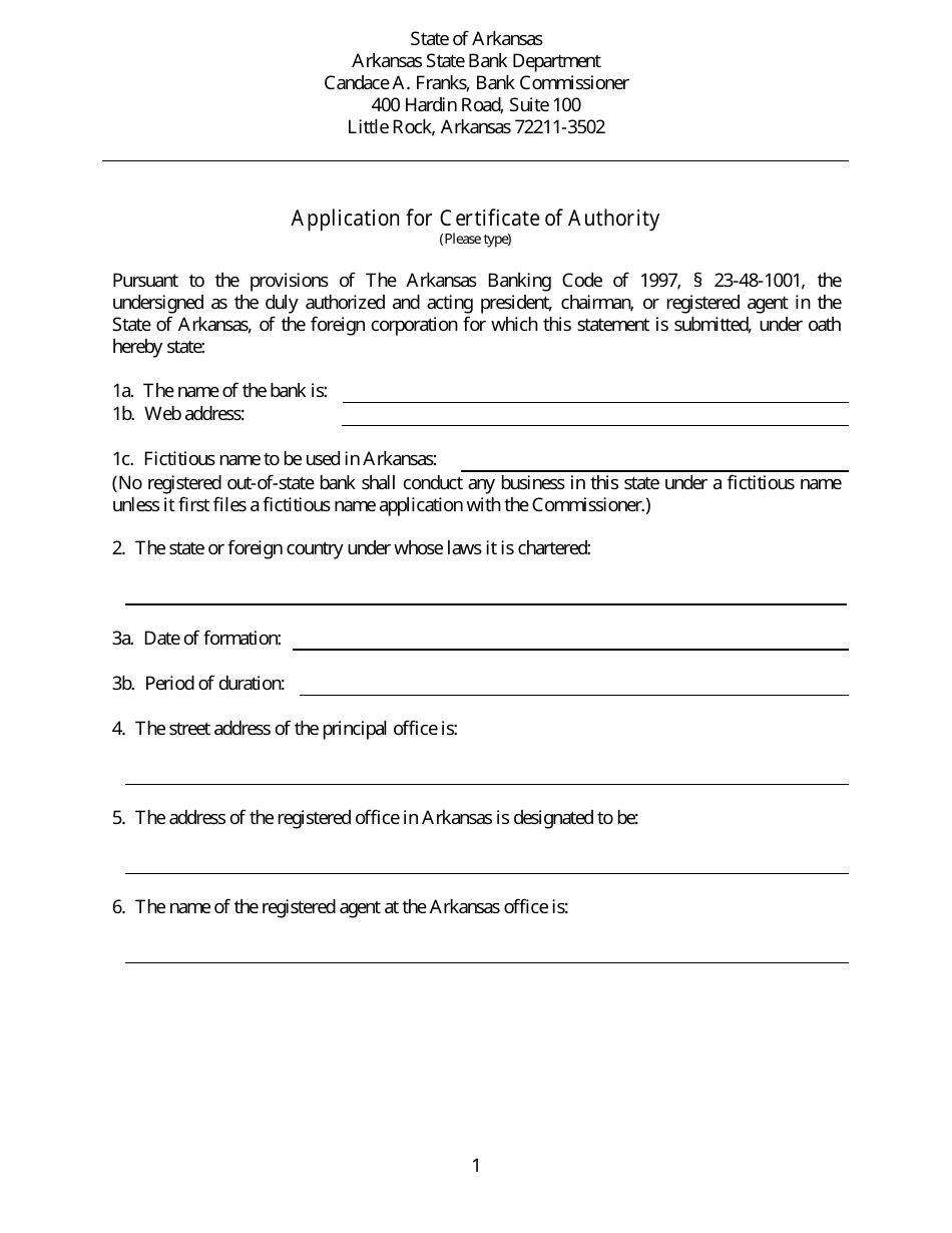 Arkansas Application for Certificate of Authority Fill Out Sign