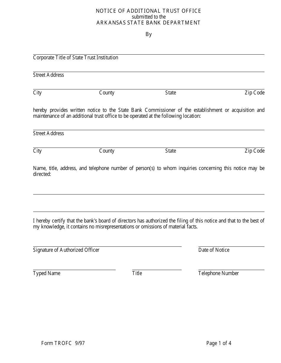 Form TROFC Notice of Additional Trust Office - Arkansas, Page 1