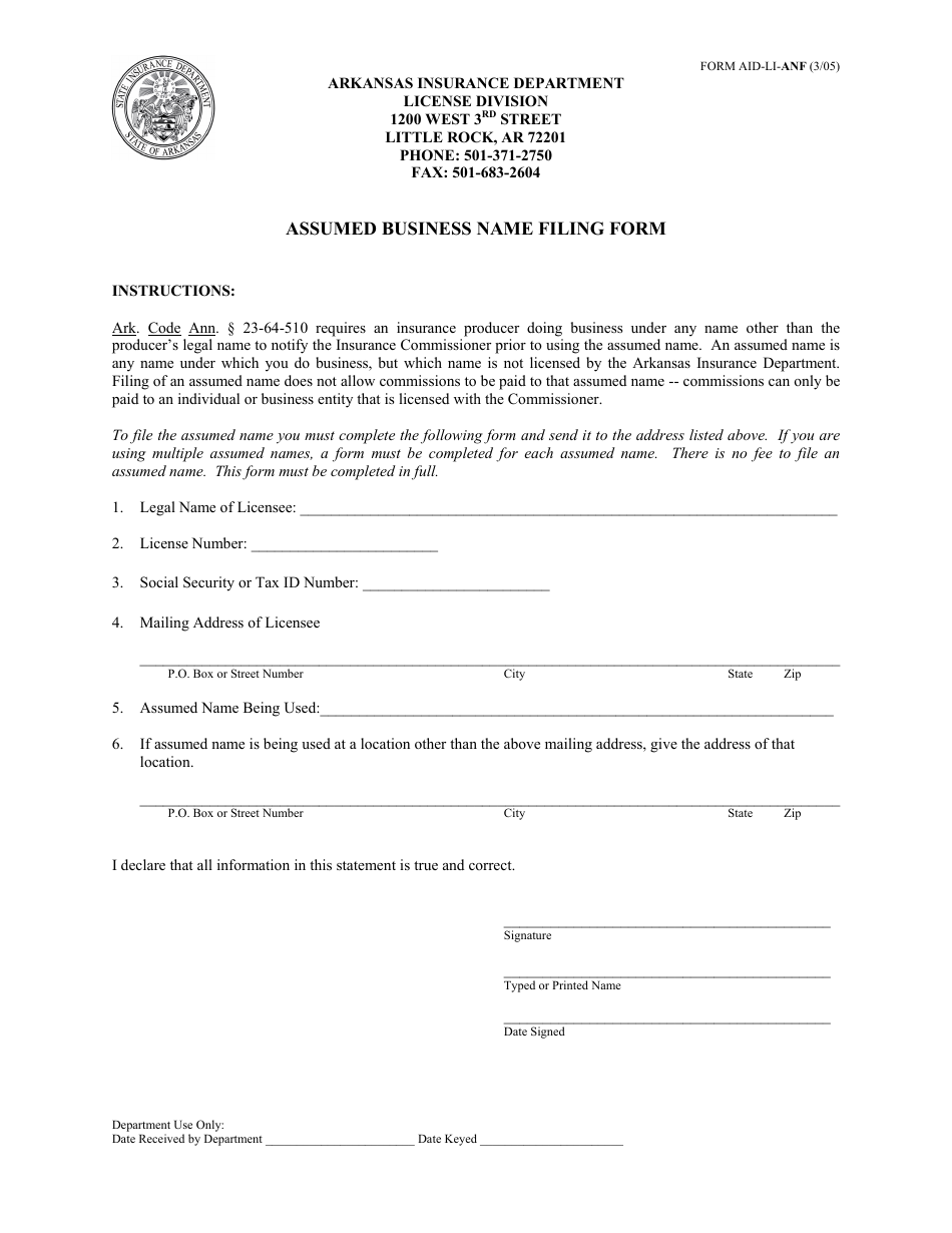 Form AID-LI-ANF Assumed Business Name Filing Form - Arkansas, Page 1