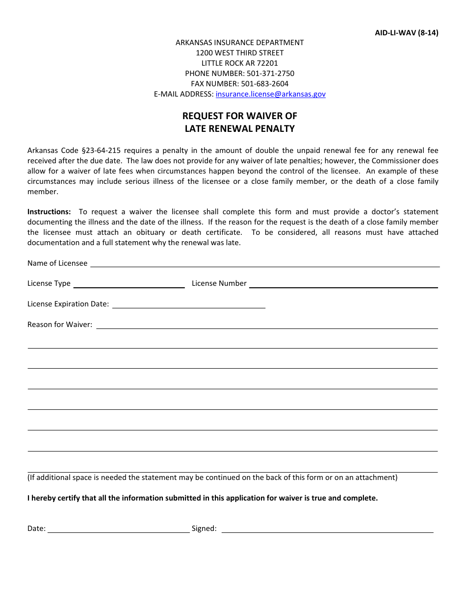 Form AID-LI-WAV Request for Waiver of Late Renewal Penalty - Arkansas, Page 1