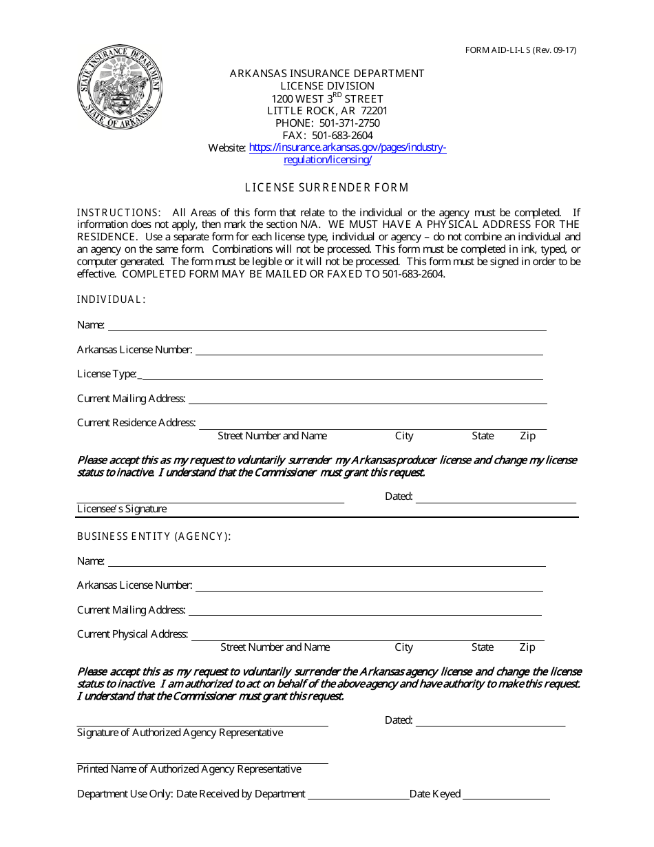 Form AID-LI-LS License Surrender Form - Arkansas, Page 1
