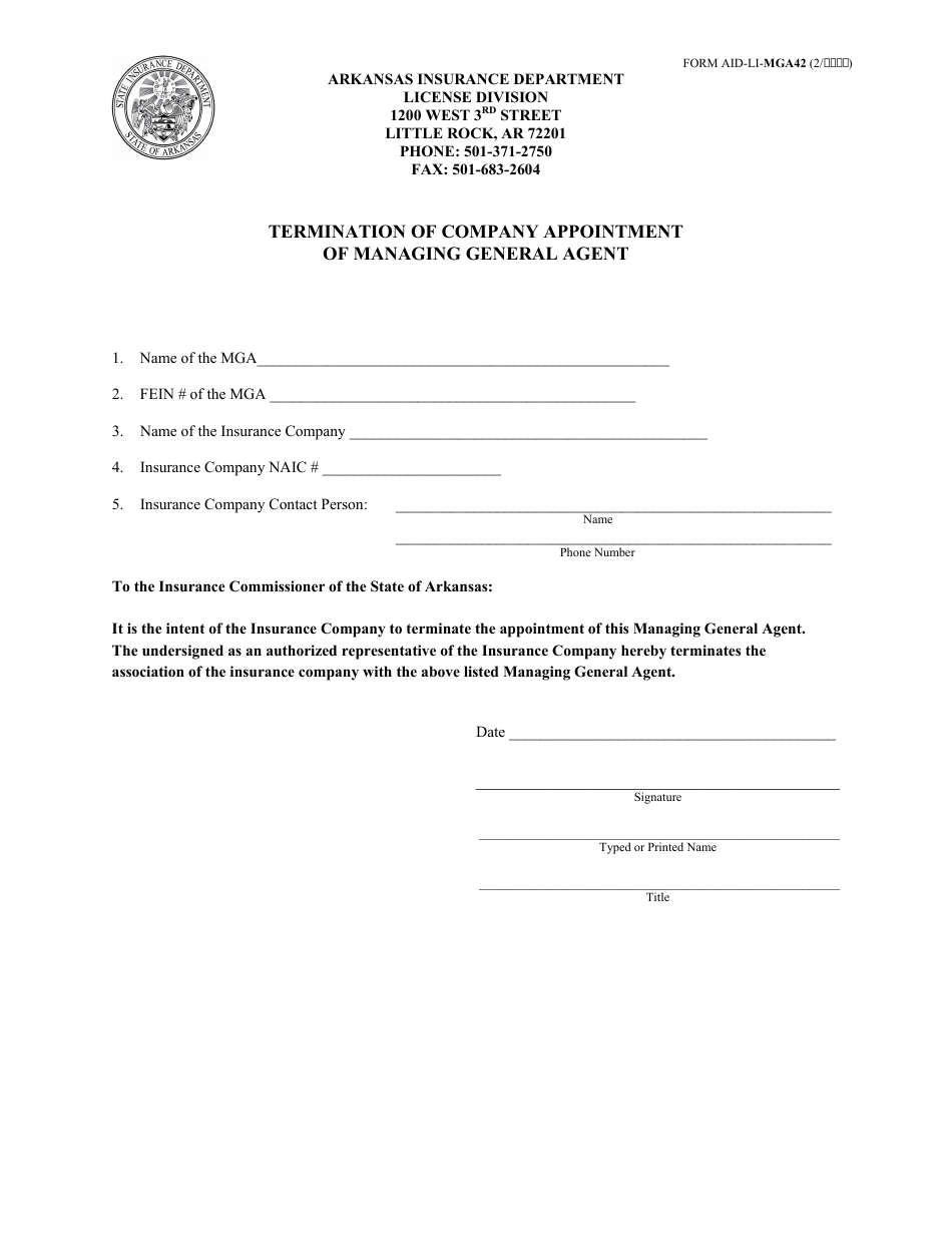 Form AID-LI-MGA42 Termination of Company Appointment of Managing General Agent - Arkansas, Page 1