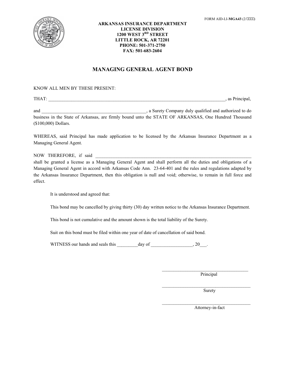 Form AID-LI-MGA43 Managing General Agent Bond - Arkansas, Page 1