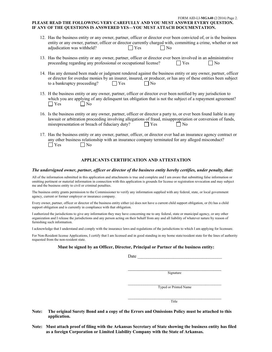 Form AID-LI-MGA40 Managing General Agent Insurance License Application (Corporation, LLC, LLP , and Partnership) - Arkansas, Page 2
