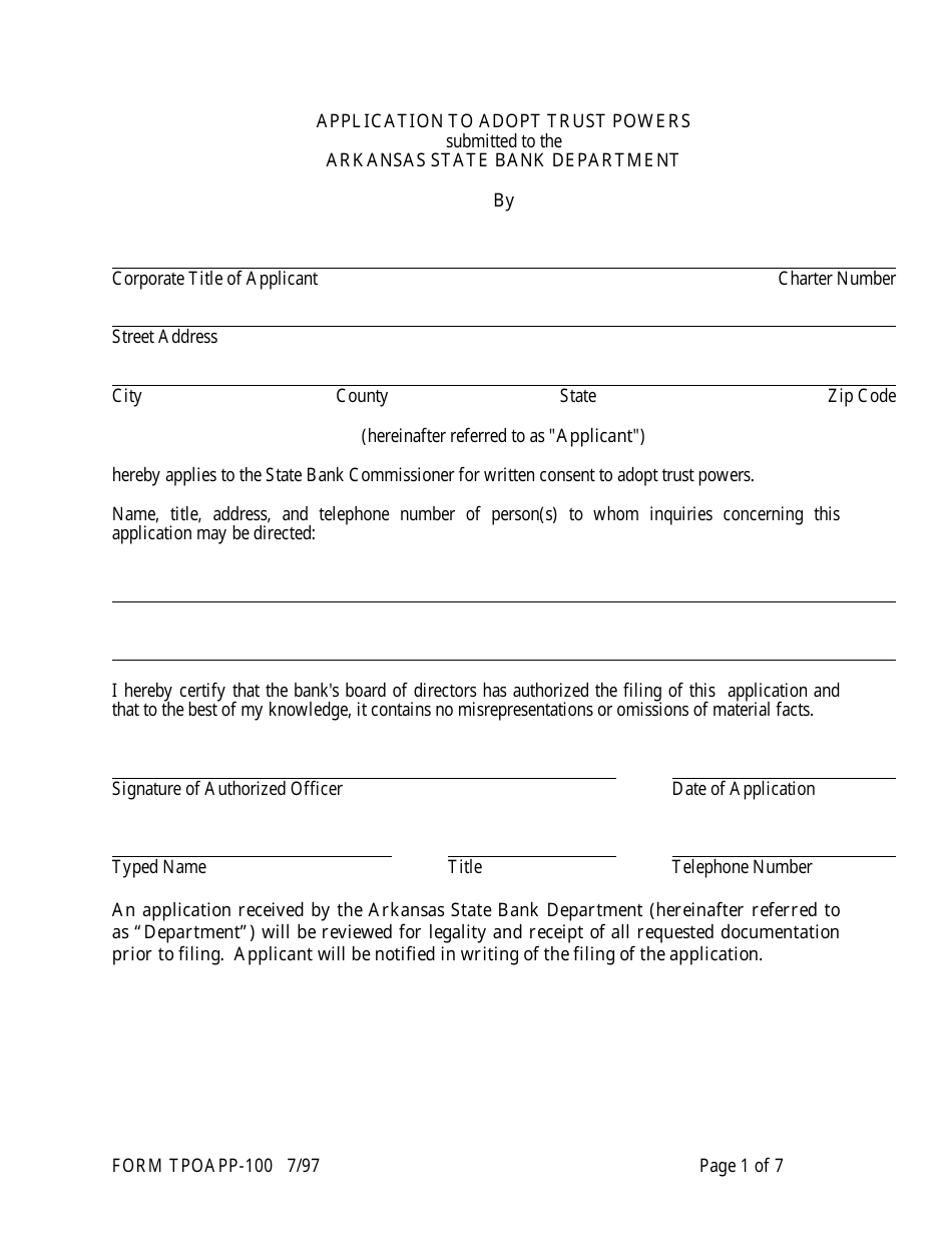 Form TPOAPP-100 Application to Adopt Trust Powers - Arkansas, Page 1
