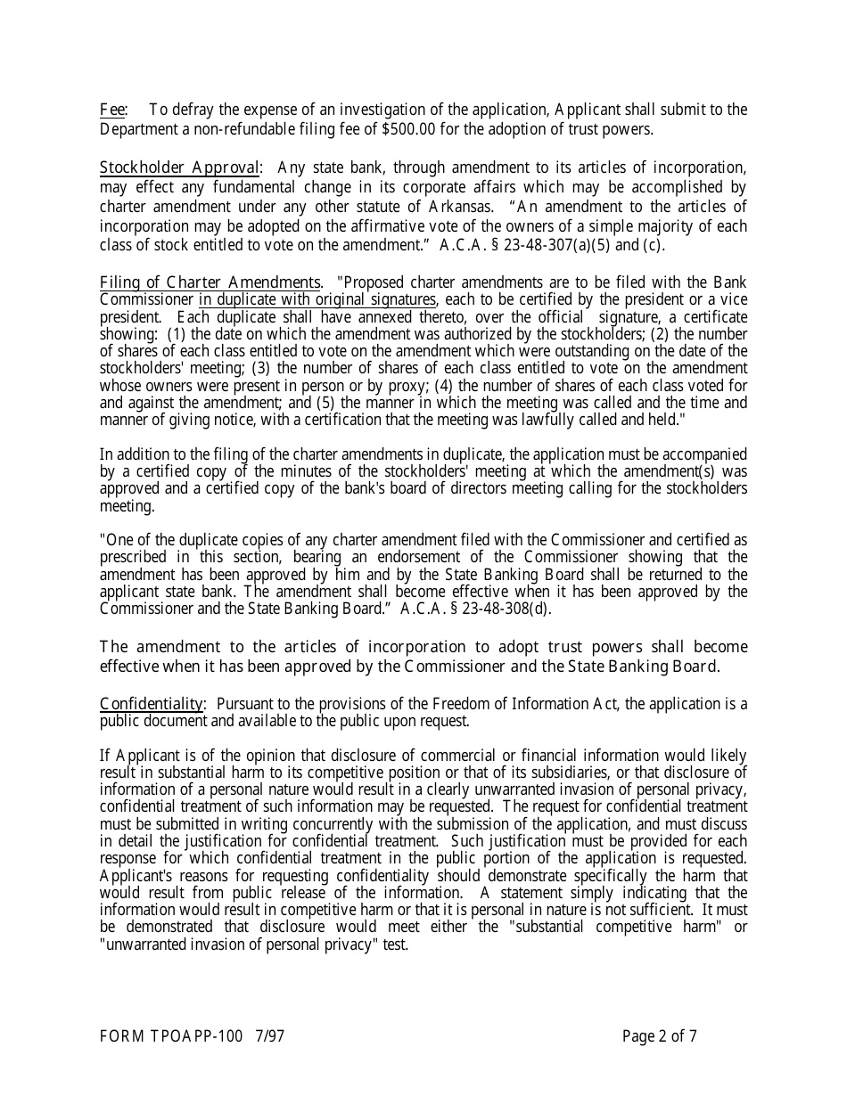 Form TPOAPP-100 Application to Adopt Trust Powers - Arkansas, Page 2