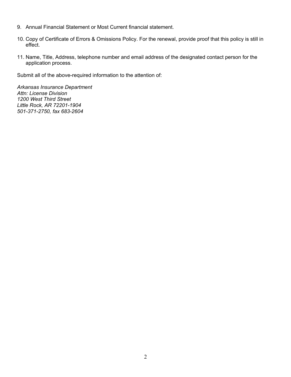 Checklist of Necessary Information for Reinsurance Intermediary Manager - Arkansas, Page 2