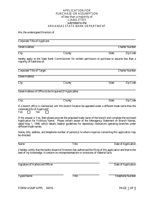 Form ASMP APPL Application for Purchase or Assumption of Less Than a Majority of Liabilities - Arkansas