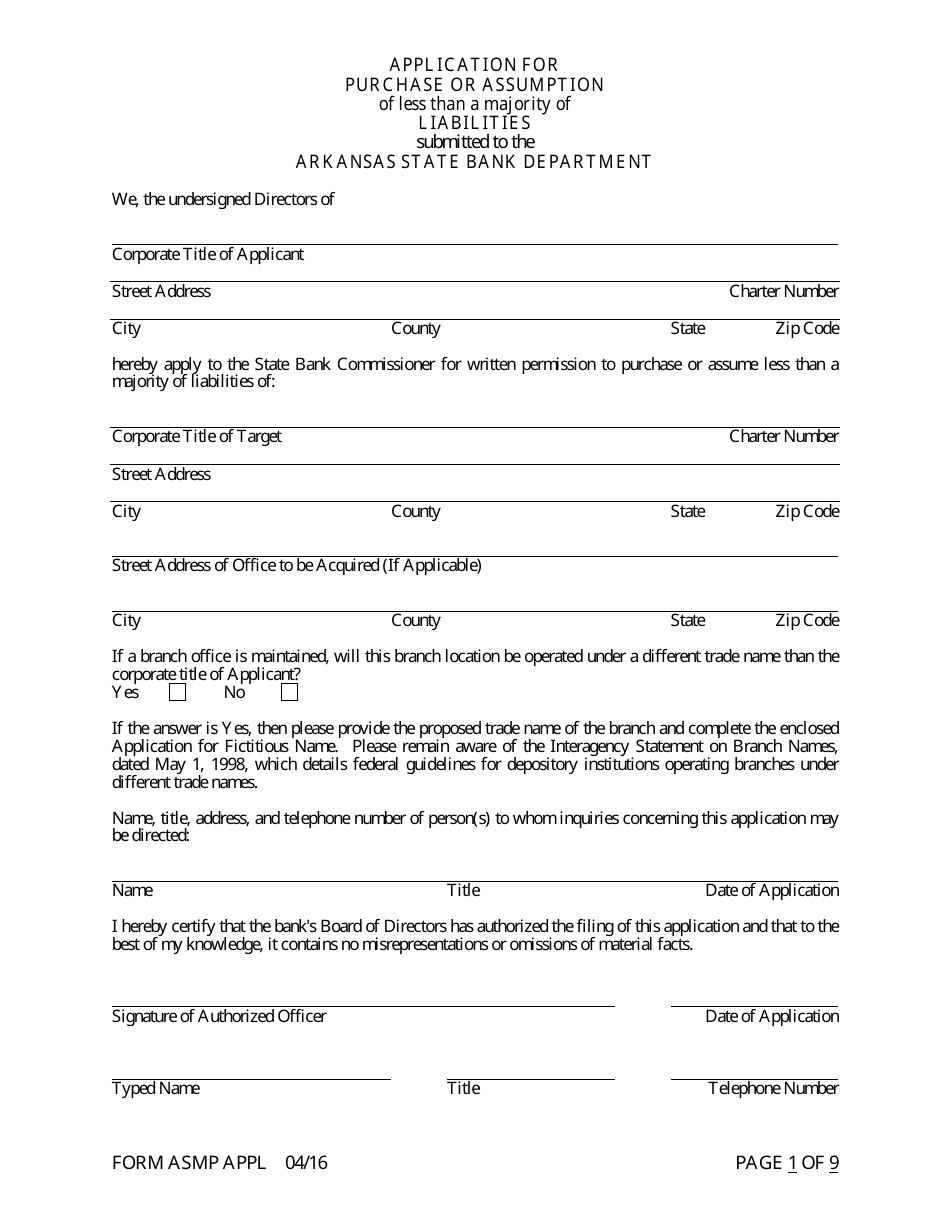 Form ASMP APPL Application for Purchase or Assumption of Less Than a Majority of Liabilities - Arkansas, Page 1
