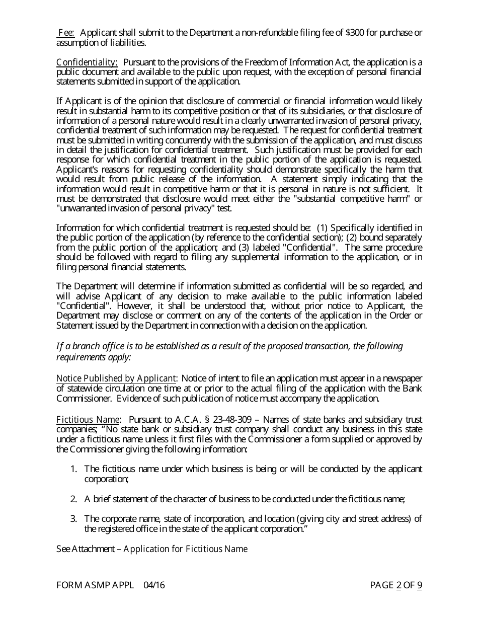 Form ASMP APPL Application for Purchase or Assumption of Less Than a Majority of Liabilities - Arkansas, Page 2