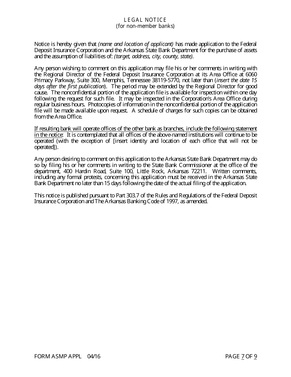 Form ASMP APPL Application for Purchase or Assumption of Less Than a Majority of Liabilities - Arkansas, Page 7