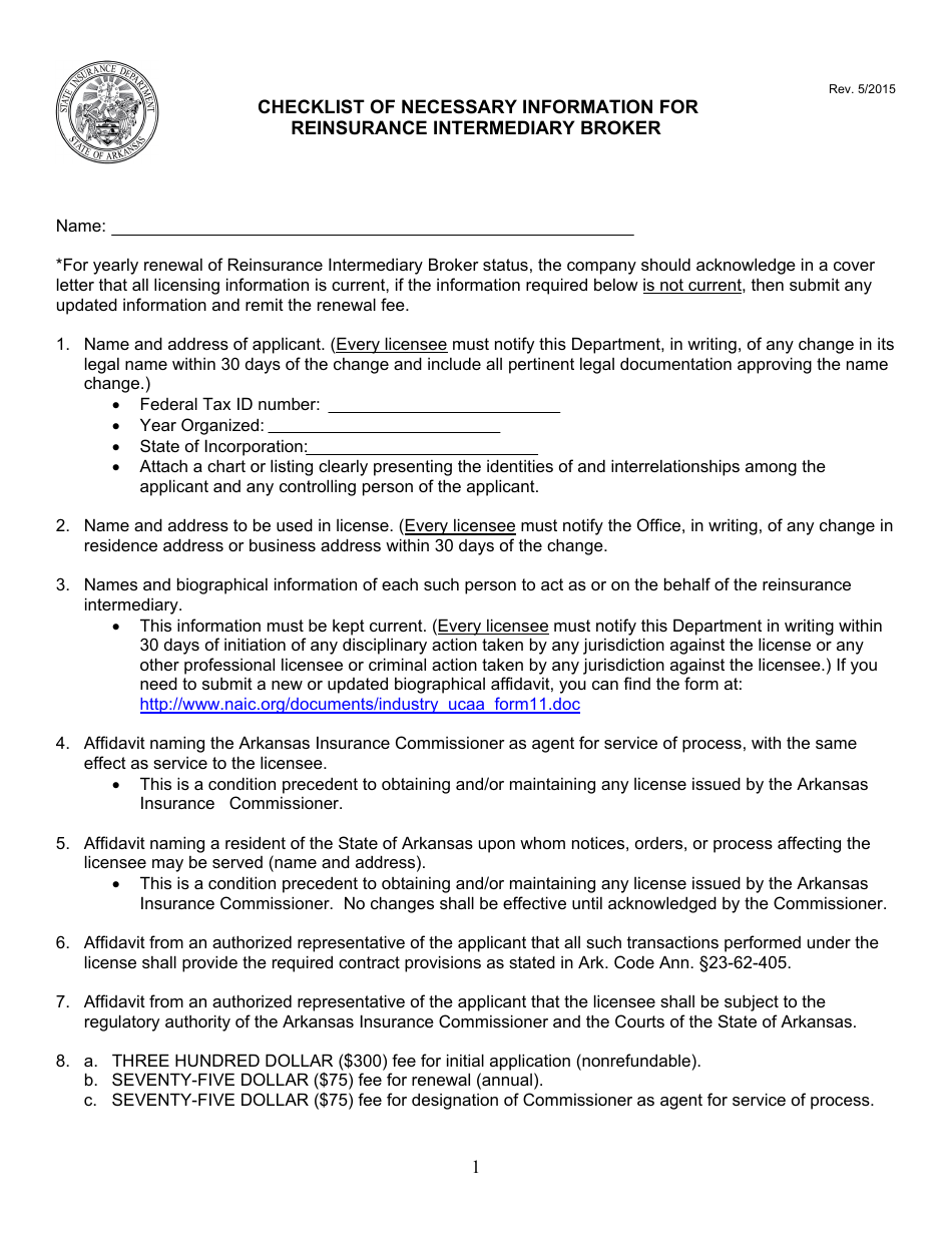 Checklist of Necessary Information for Reinsurance Intermediary Broker - Arkansas, Page 1