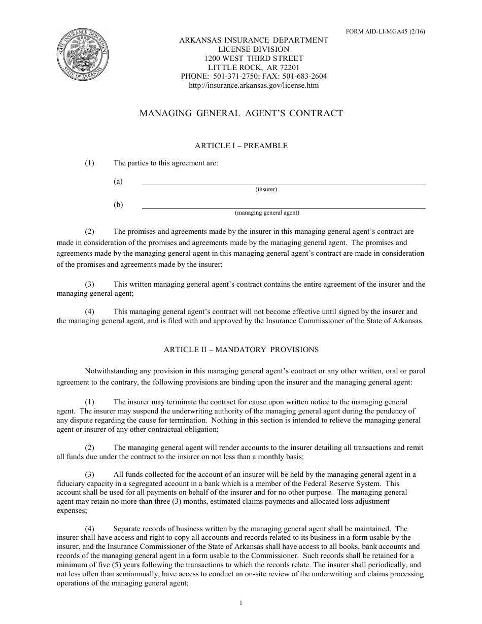 Form AID-LI-MGA45 Managing General Agents Contract - Arkansas, Page 1