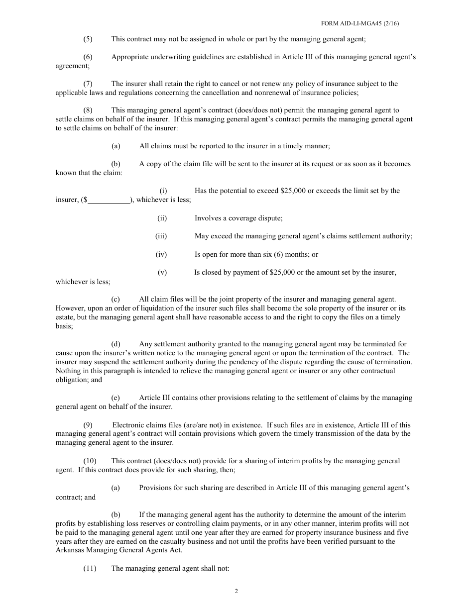 Form AID-LI-MGA45 Managing General Agents Contract - Arkansas, Page 2