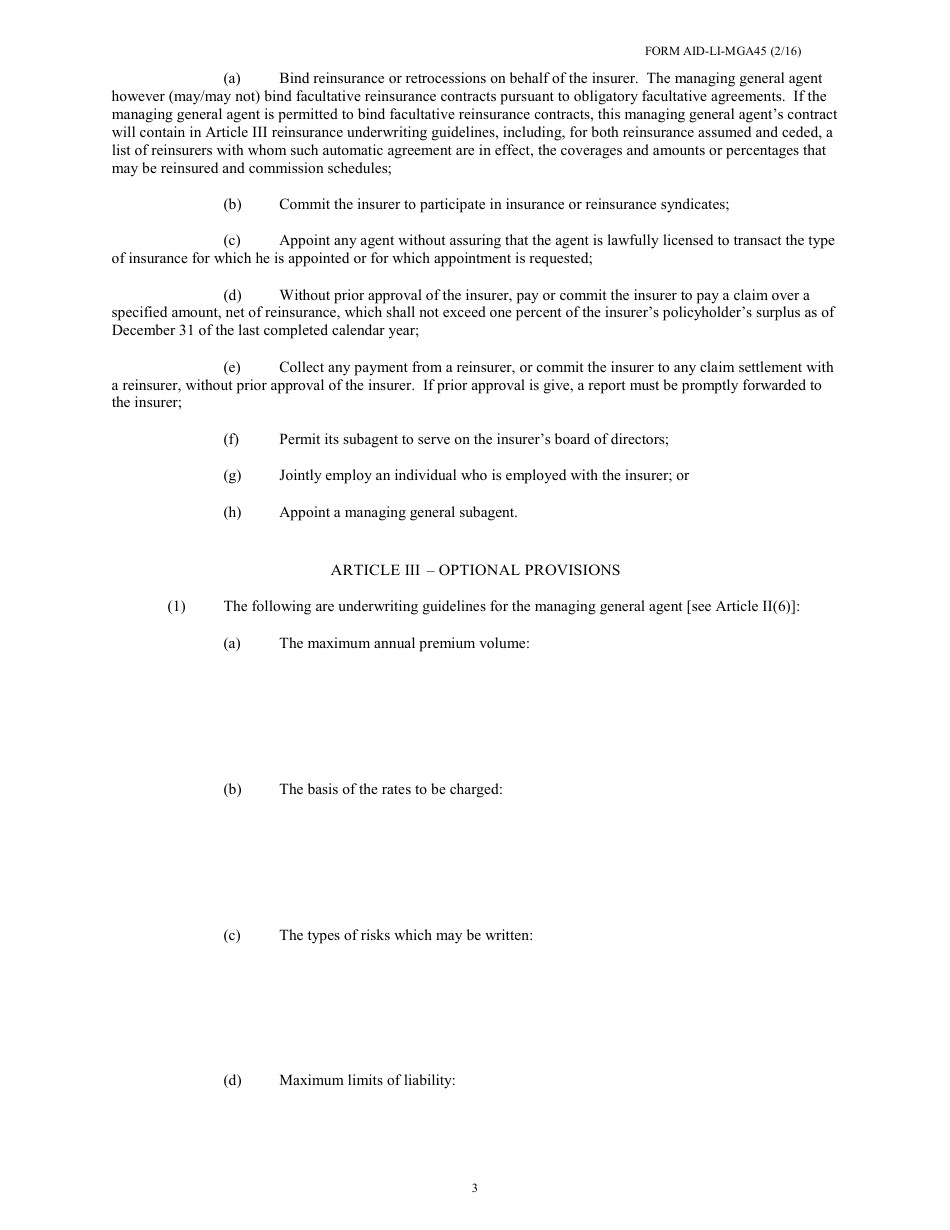 Form AID-LI-MGA45 Managing General Agents Contract - Arkansas, Page 3