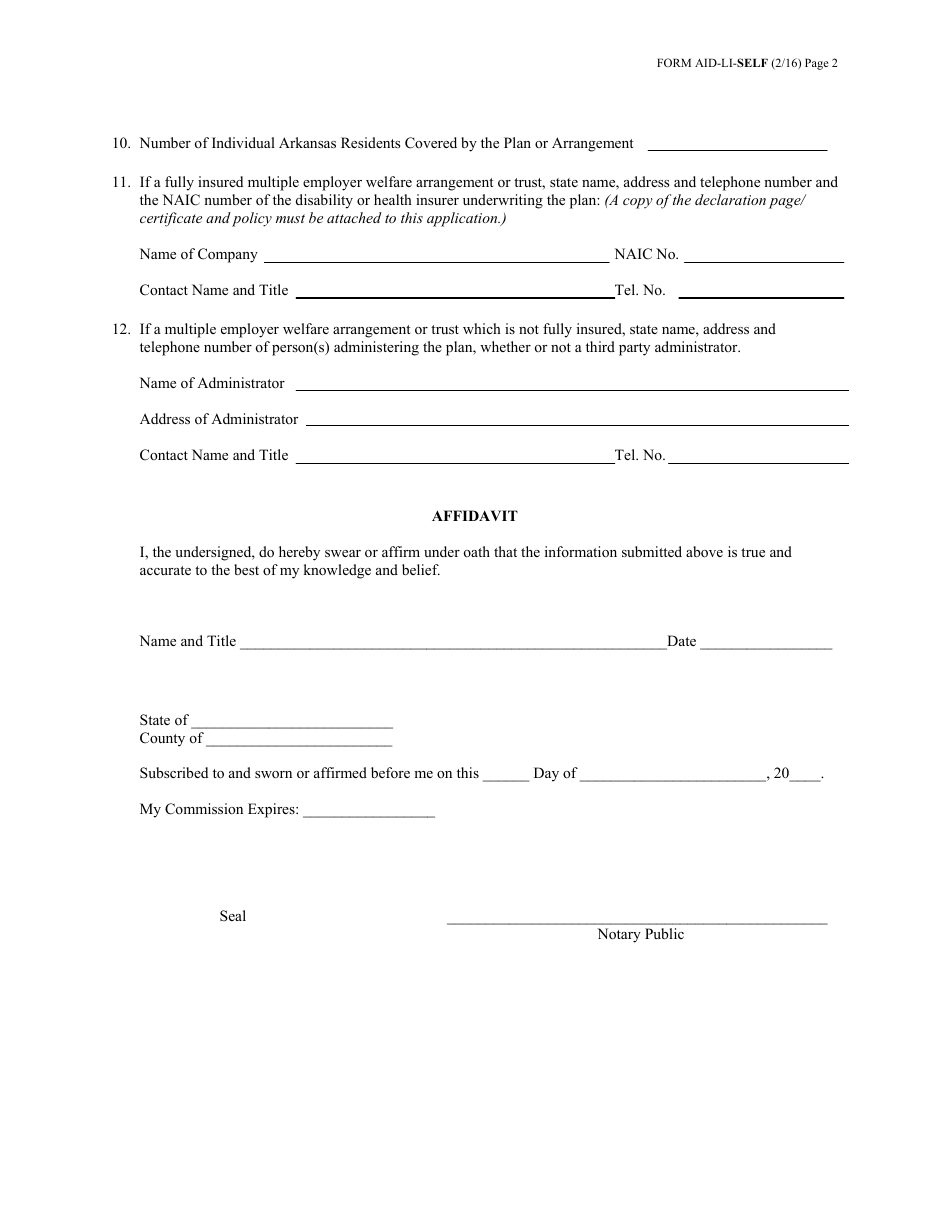 Form AID-LI-SELF Self-funded Single Employer Plans, Collectively Bargained Welfare Benefit Plans, Mutiple Employer Trusts and Multiple Employer Welfare Arrangements - Arkansas, Page 3