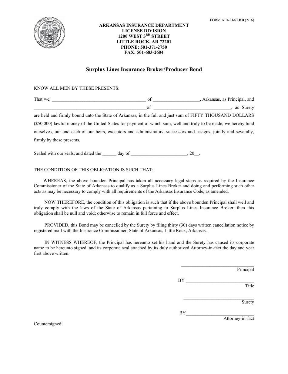 Form AID-LI-SLB Surplus Lines Insurance Broker / Producer Bond - Arkansas, Page 1