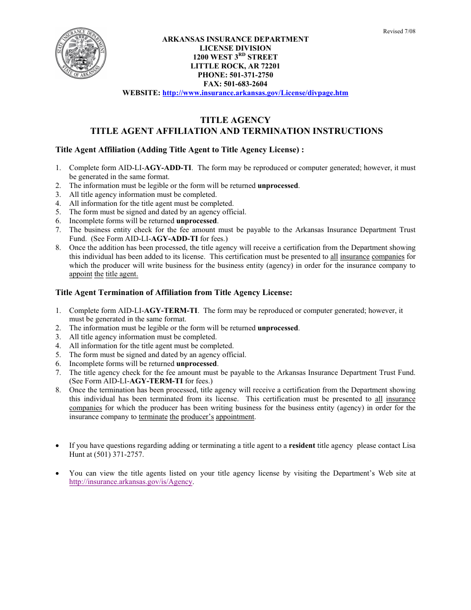 Instructions for Form AID-LI-AGY-ADD-TI, AID-LI-AGY-TERM-TI Title Agent Affiliation and Termination - Arkansas, Page 1