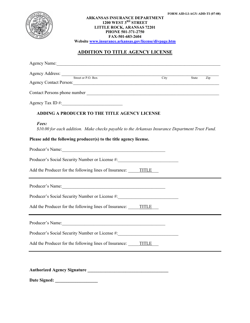 Form AID-LI-AGY-ADD-TI Addition to Title Agency License - Arkansas, Page 1