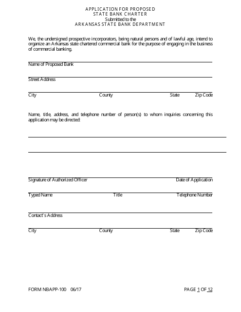Form NBAPP-100 Application for Proposed State Bank Charter - Arkansas