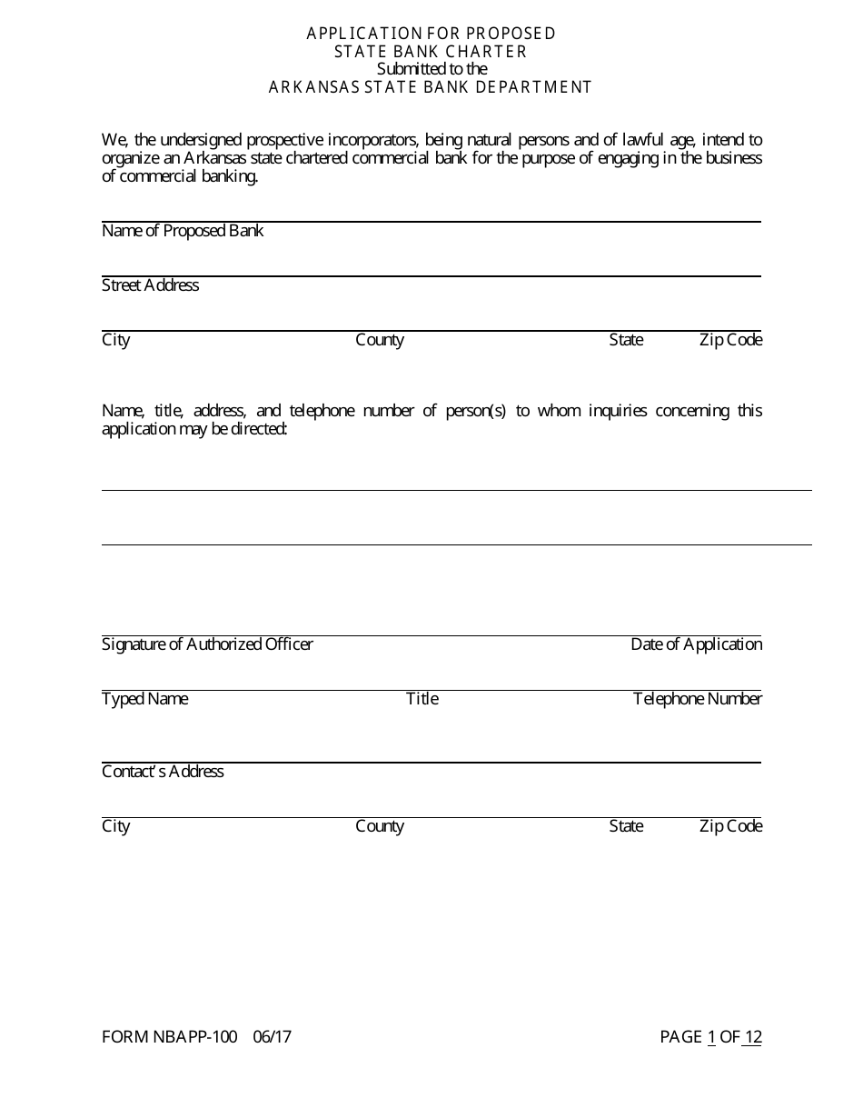 Form NBAPP-100 Application for Proposed State Bank Charter - Arkansas, Page 1